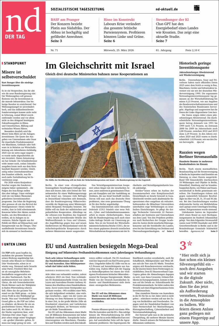 Portada de Neues Deutschland (Alemania)