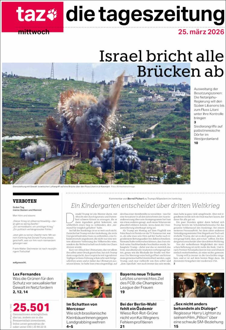 Portada de Die Tageszeitung (Alemania)
