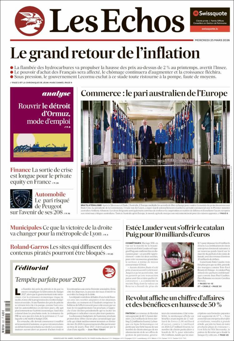 Portada de Les Echos (Francia)
