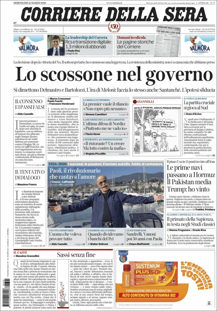 Portada de Corriere della Sera (Italia)