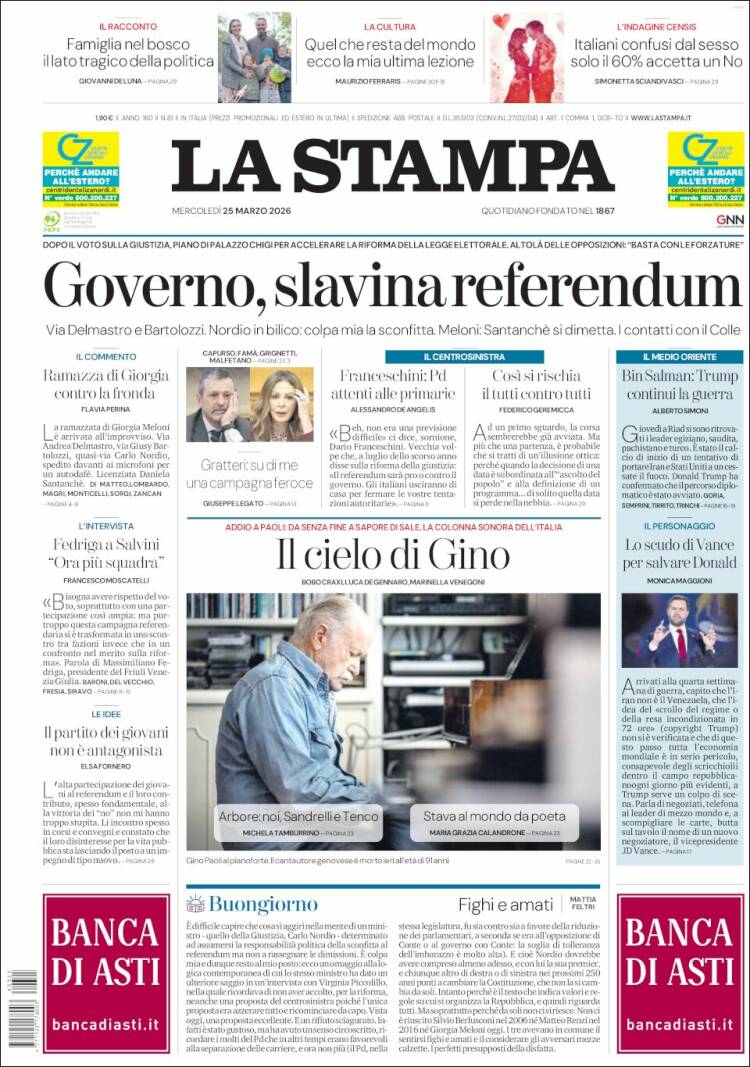 Portada de La Stampa (Italia)