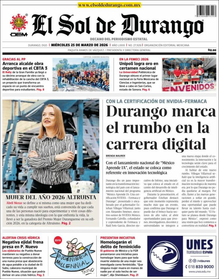 Portada de El Sol de Durango (M&eacute;xico)