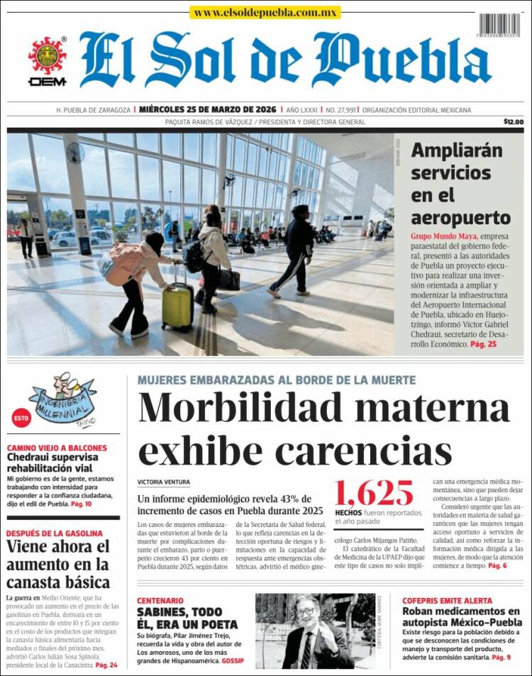 Portada de El Sol de Puebla (M&eacute;xico)