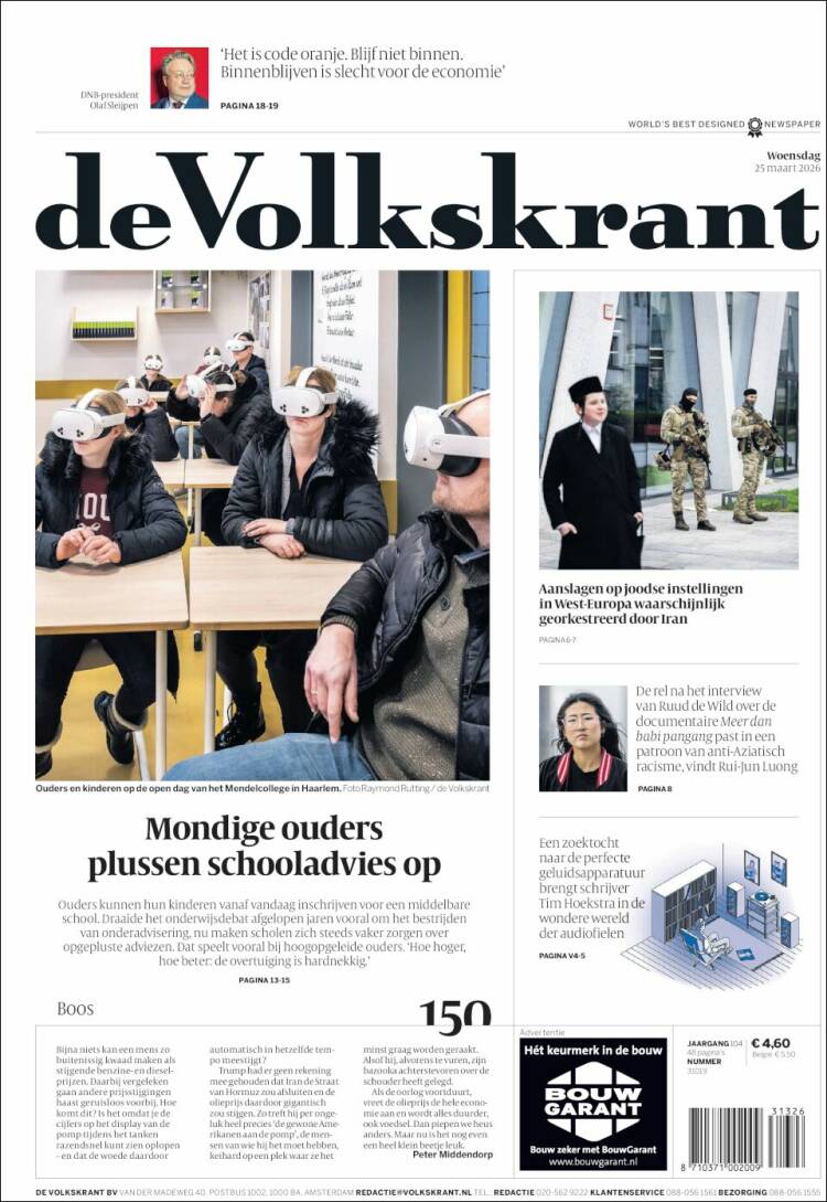 Portada de De Volkskrant (Pa&iacute;ses Bajos)