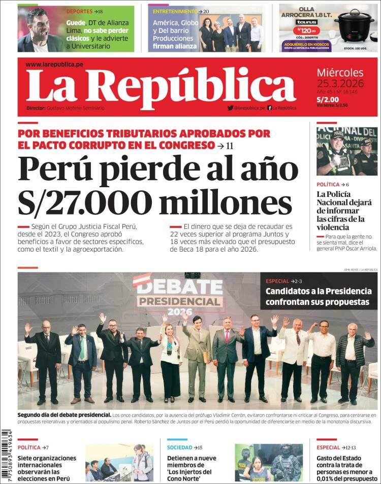 Portada de La Republica (Per&uacute;)