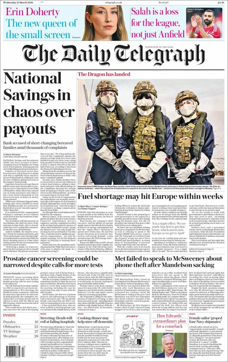 Portada de Daily Telegraph (Reino Unido)