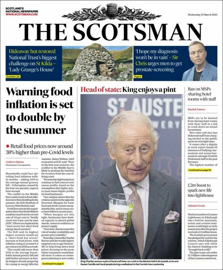 Portada de The Scotsman (Reino Unido)