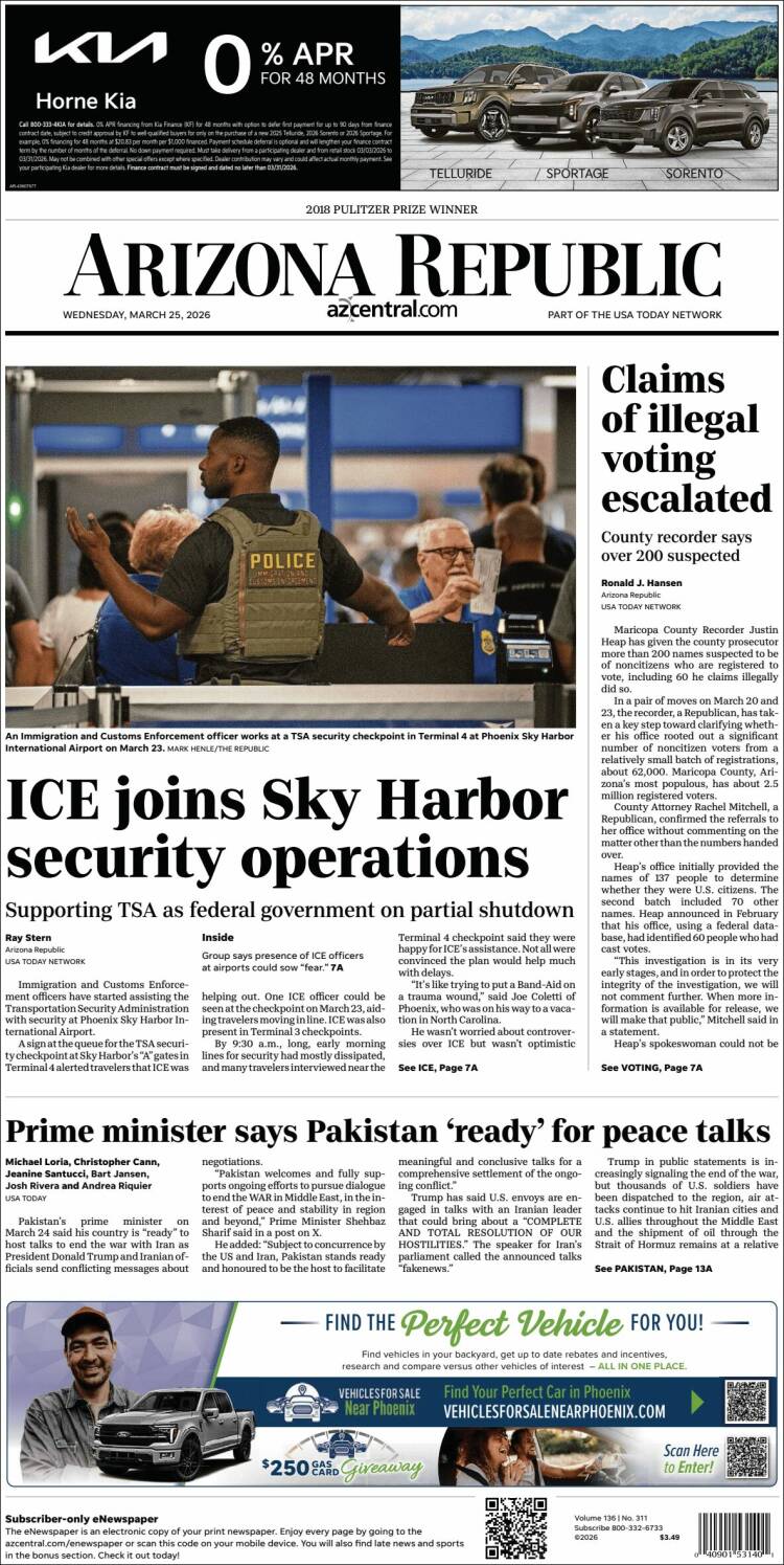 Portada de Arizona Republic News (USA)