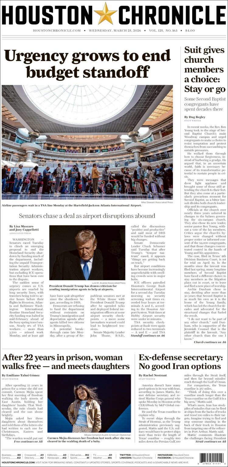 Portada de Houston Chronicle (USA)