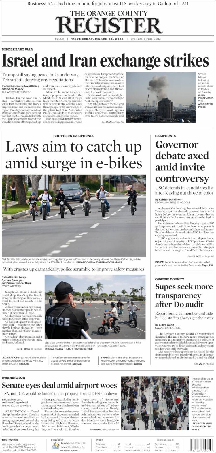 Portada de The Orange County Register (USA)