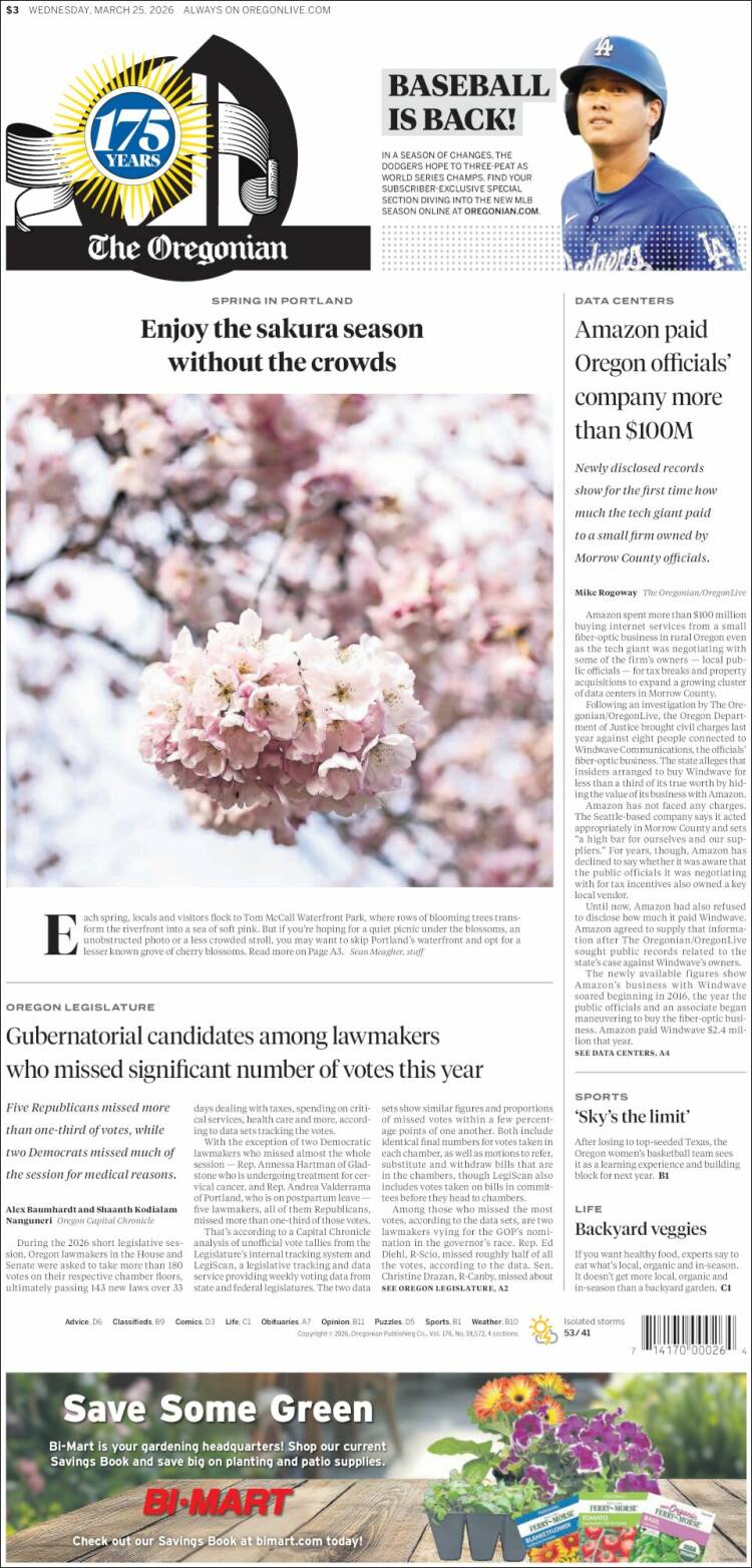 Portada de The Oregonian (USA)