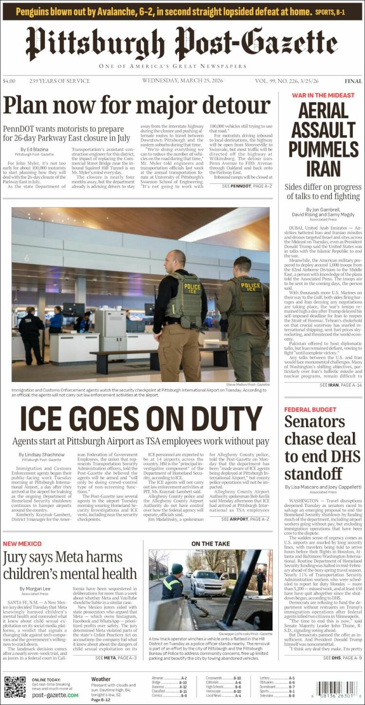 Portada de Pittsburgh Post-Gazette (USA)