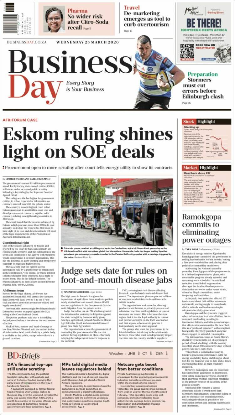 Portada de Business Day (Sud&aacute;frica)