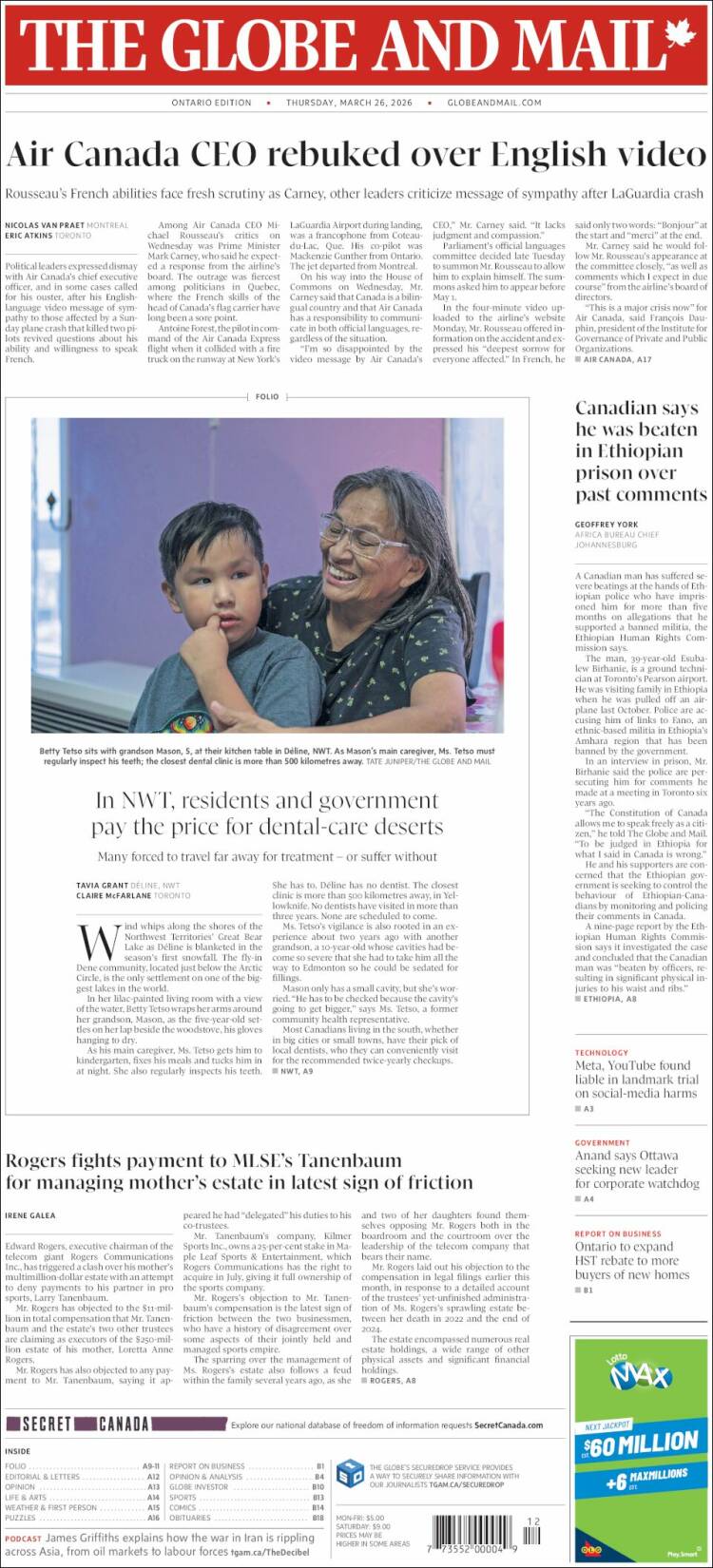 Portada de The Globe and Mail (Canad&aacute;)