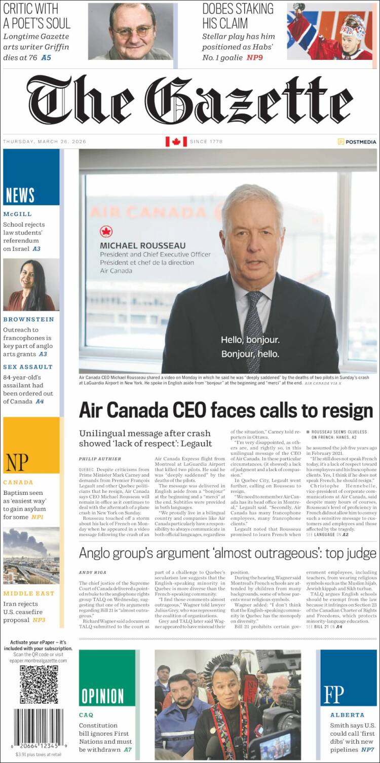 Portada de The Gazette (Canad&aacute;)