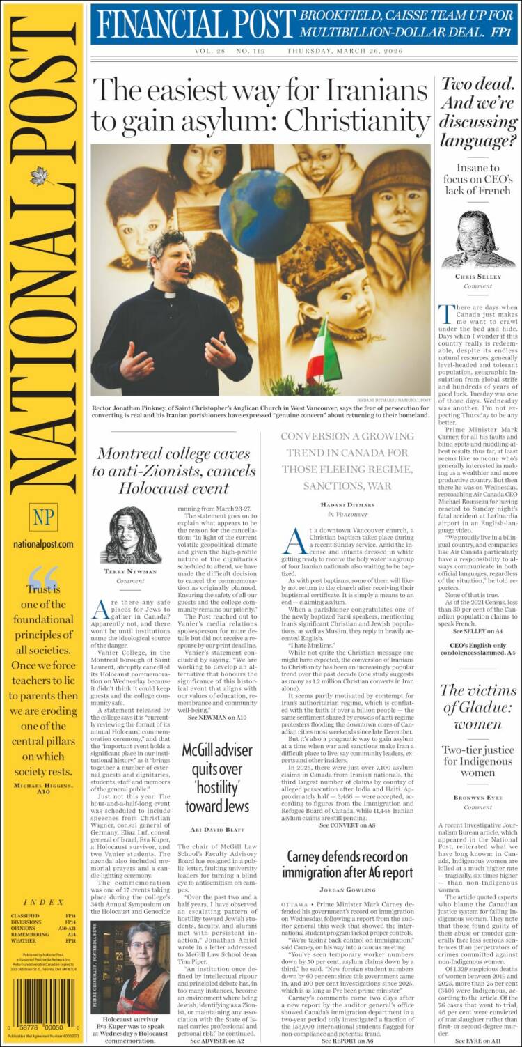 Portada de The National Post (Canad&aacute;)