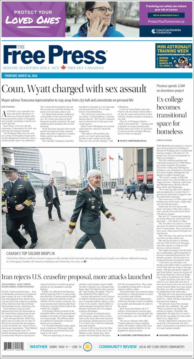 Portada de Winnipeg Free Press (Canad&aacute;)