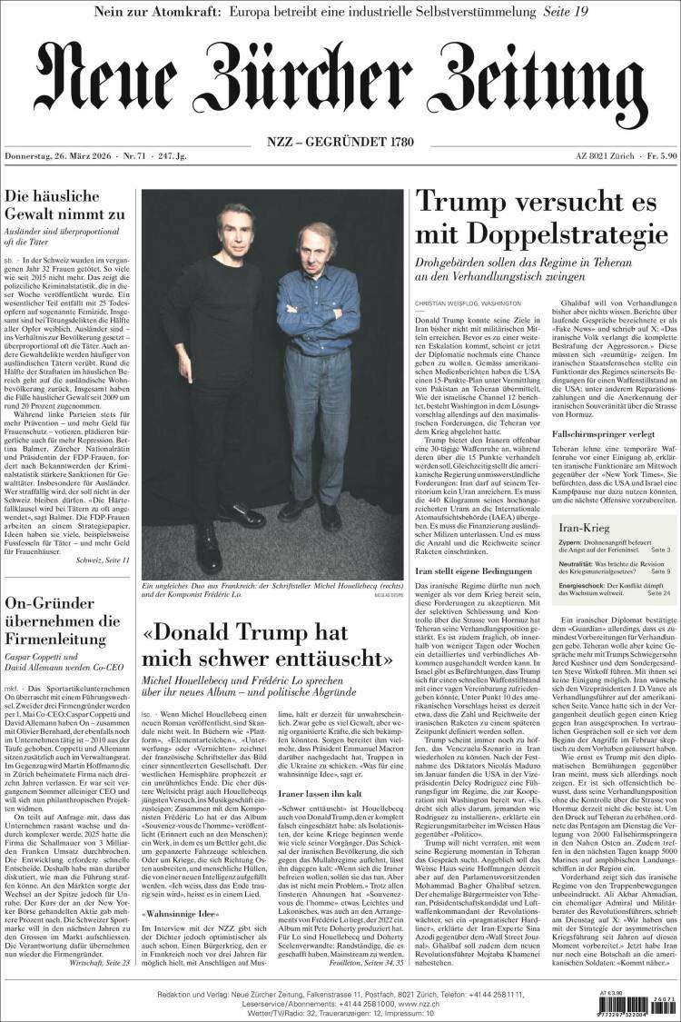 Portada de Neue Zürcher Zeitung (Suiza)