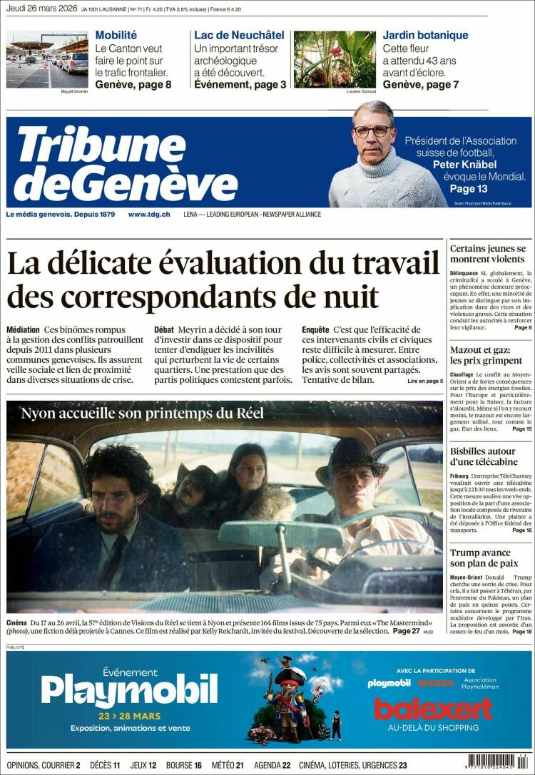 Portada de La Tribune de Genève (Suiza)