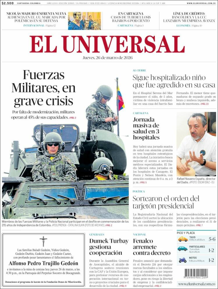 Portada de El Universal (Colombia)