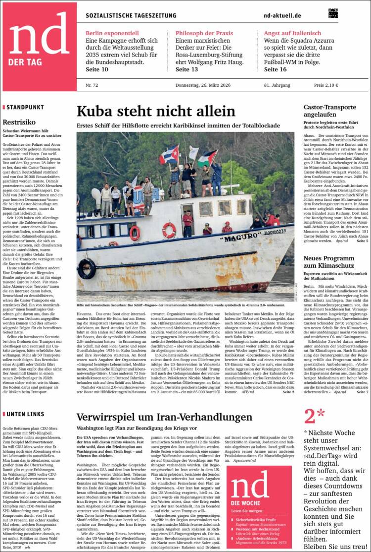 Portada de Neues Deutschland (Alemania)