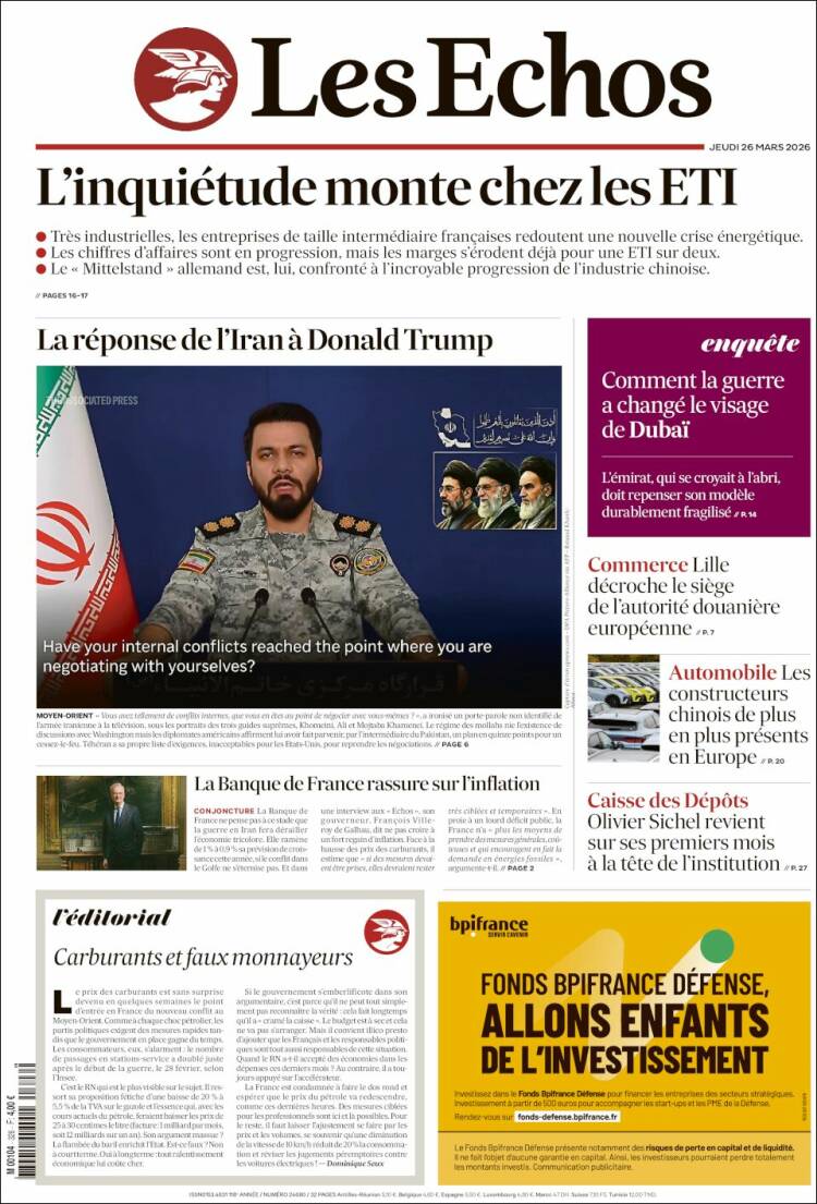 Portada de Les Echos (Francia)