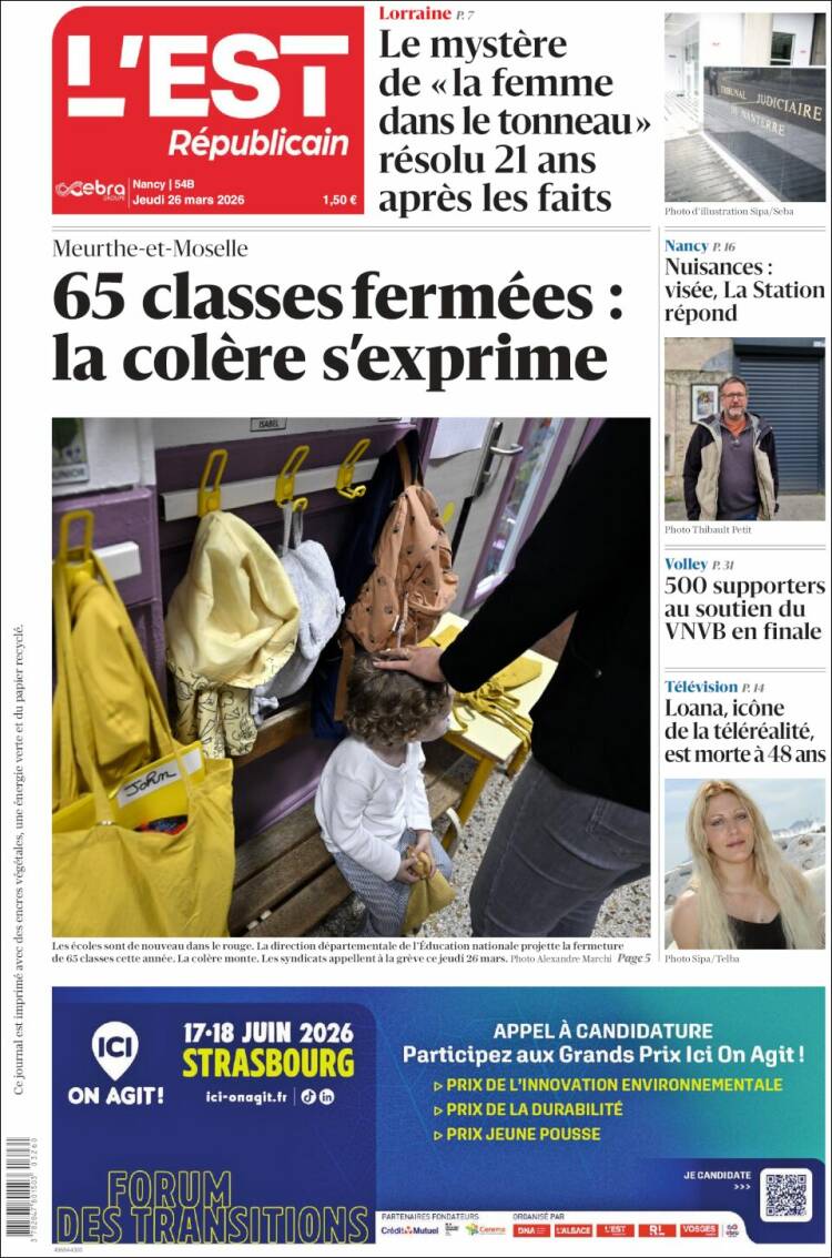 Portada de L'Est Republicain (Francia)