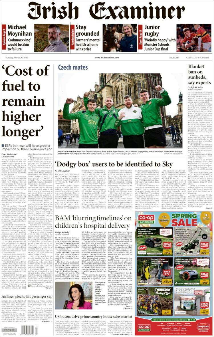 Portada de Irish Examiner (Irlanda)