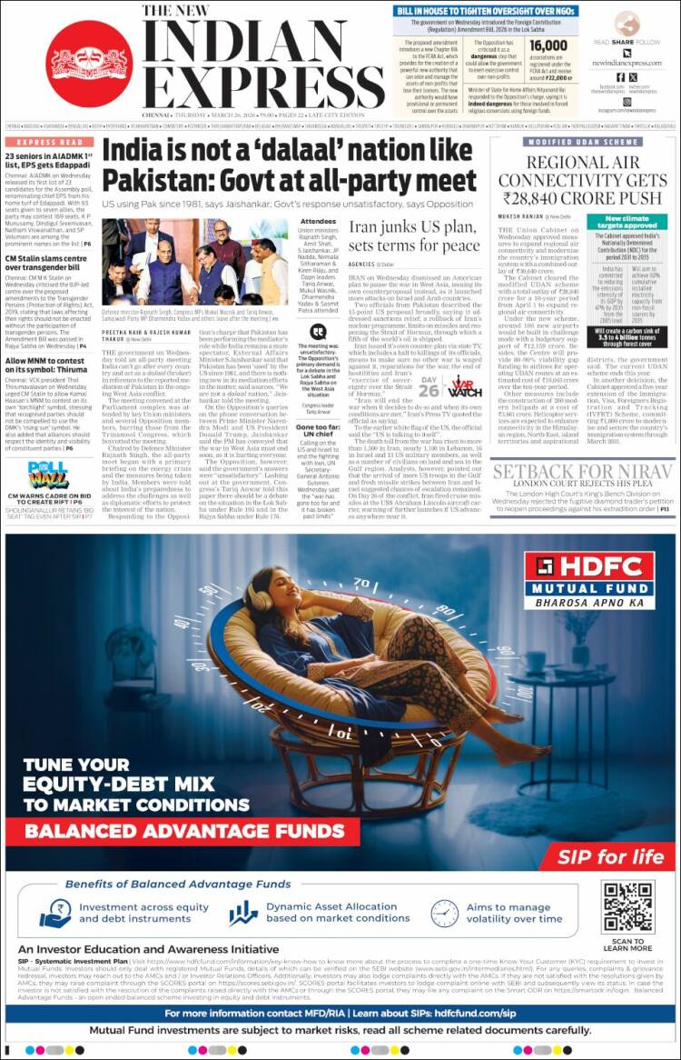 Portada de New Indian Express (India)