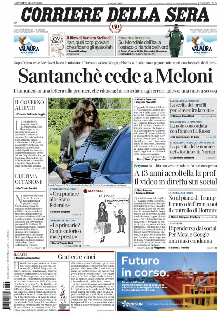 Portada de Corriere della Sera (Italia)