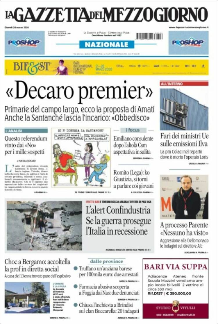 Portada de La Gazzetta del Mezzogiorno (Italia)
