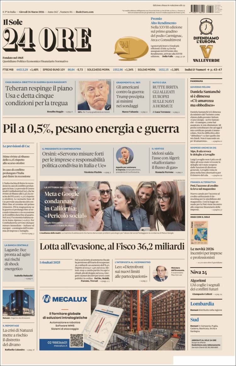 Portada de Il Sole 24 ORE (Italia)