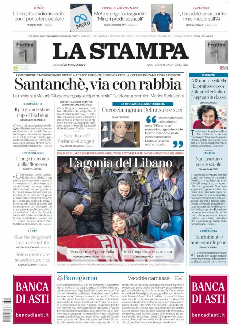Portada de La Stampa (Italia)