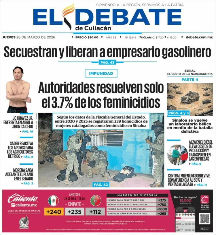 Portada de El Debate de Culiacán (M&eacute;xico)