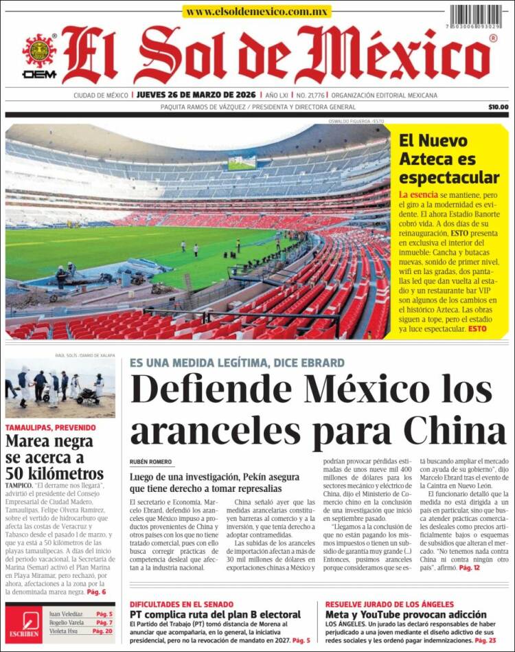 Portada de El Sol de México (M&eacute;xico)