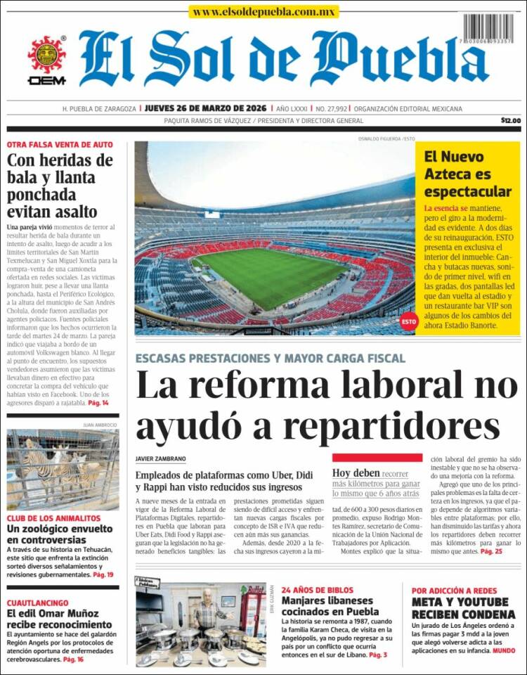 Portada de El Sol de Puebla (M&eacute;xico)