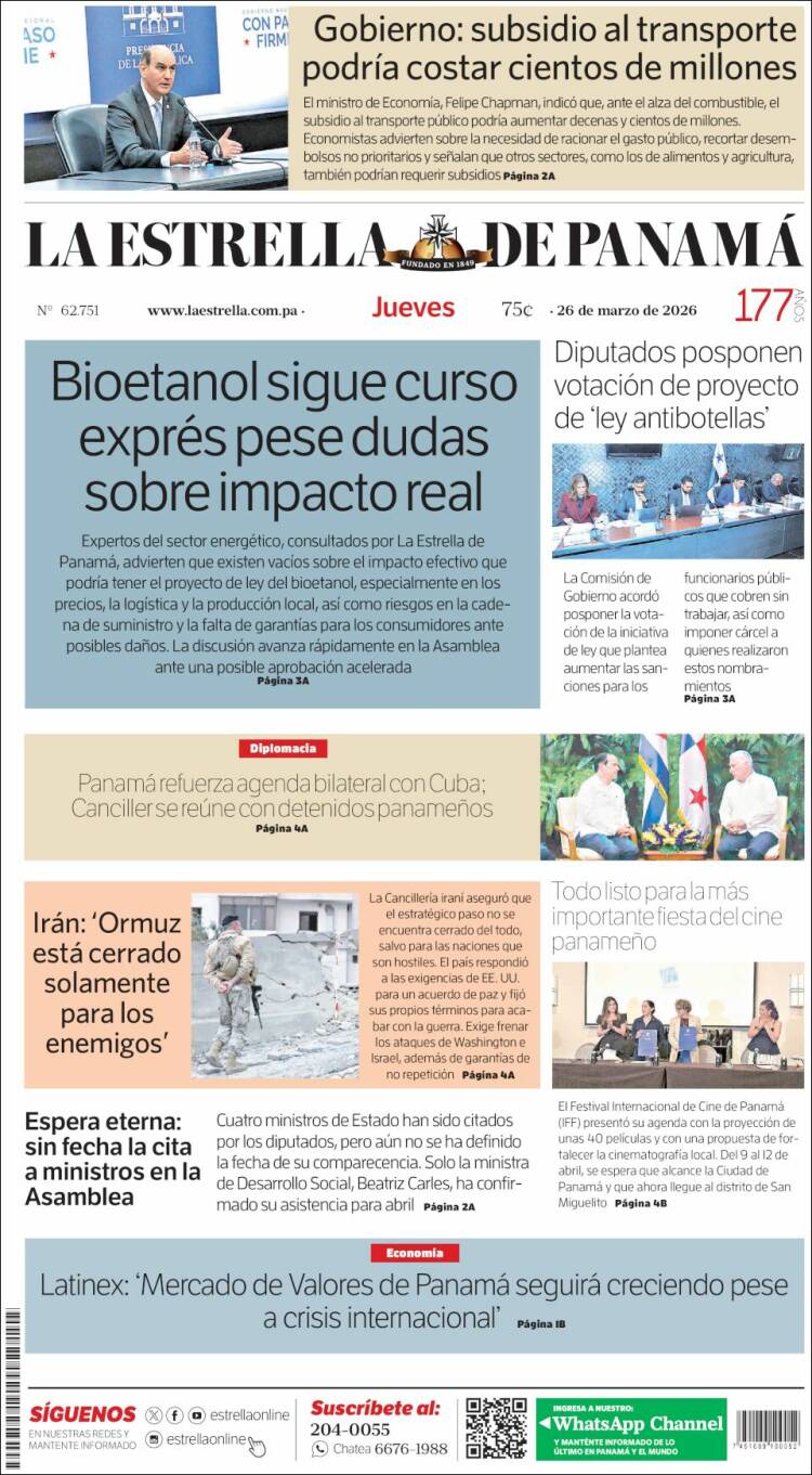 Portada de La Estrella de Panamá (Panam&aacute;)