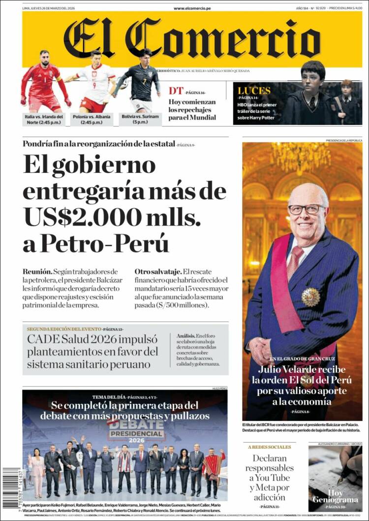 Portada de El Comercio (Per&uacute;)