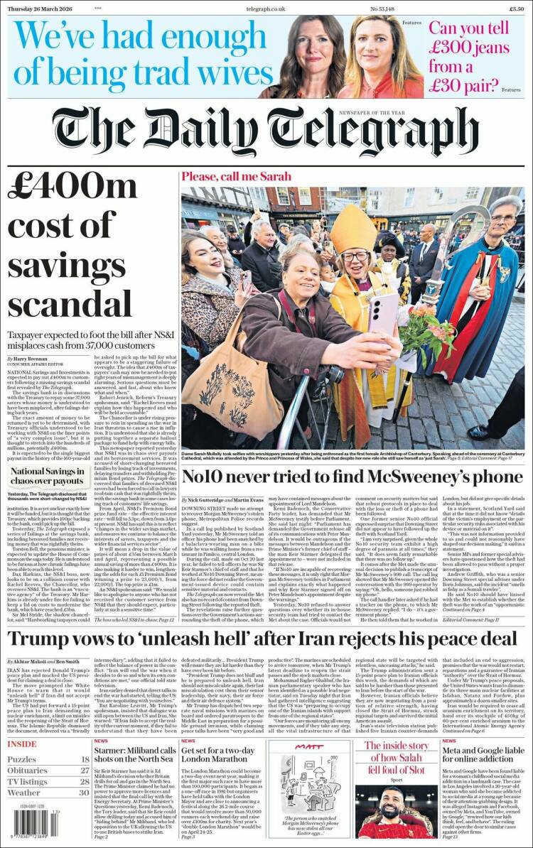 Portada de Daily Telegraph (Reino Unido)