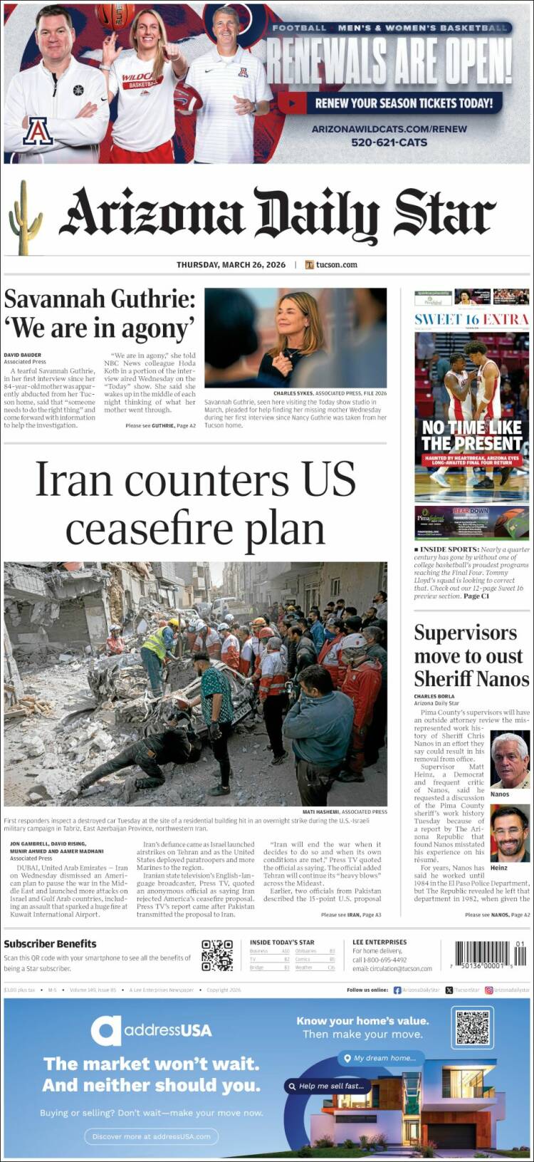 Portada de Arizona Daily Star (USA)