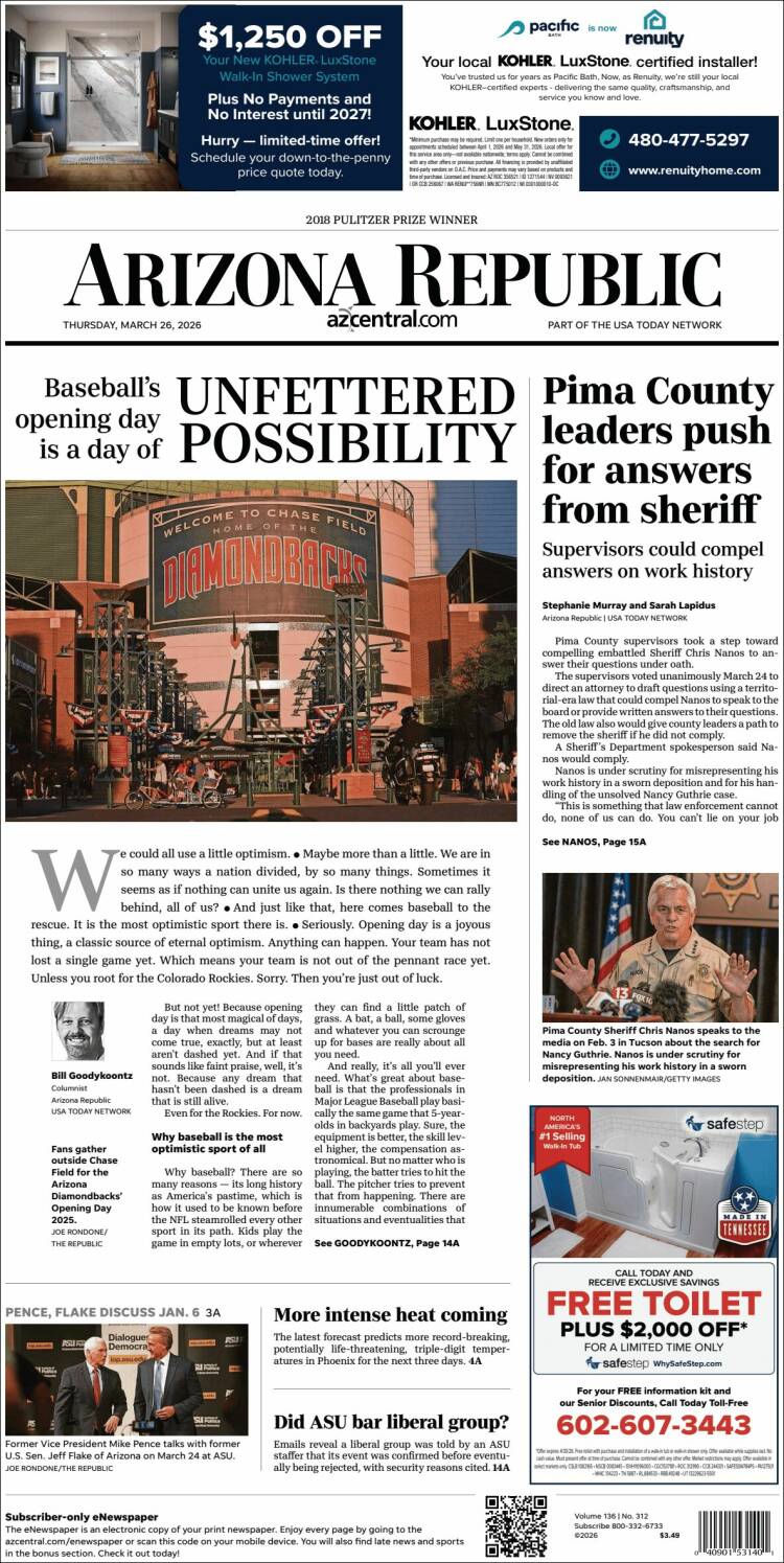 Portada de Arizona Republic News (USA)