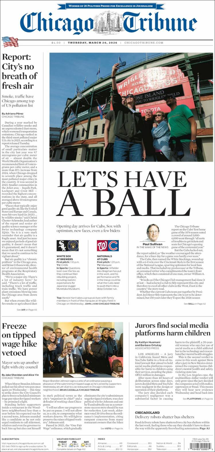 Portada de Chicago Tribune (USA)