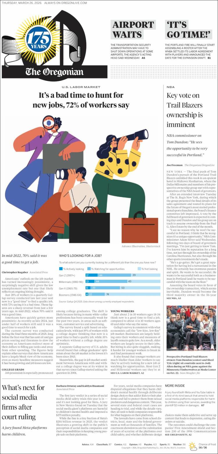 Portada de The Oregonian (USA)