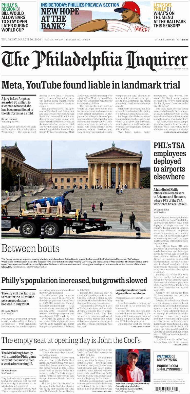 Portada de Philadelphia Inquirer (USA)