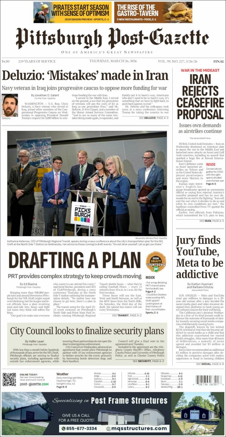 Portada de Pittsburgh Post-Gazette (USA)