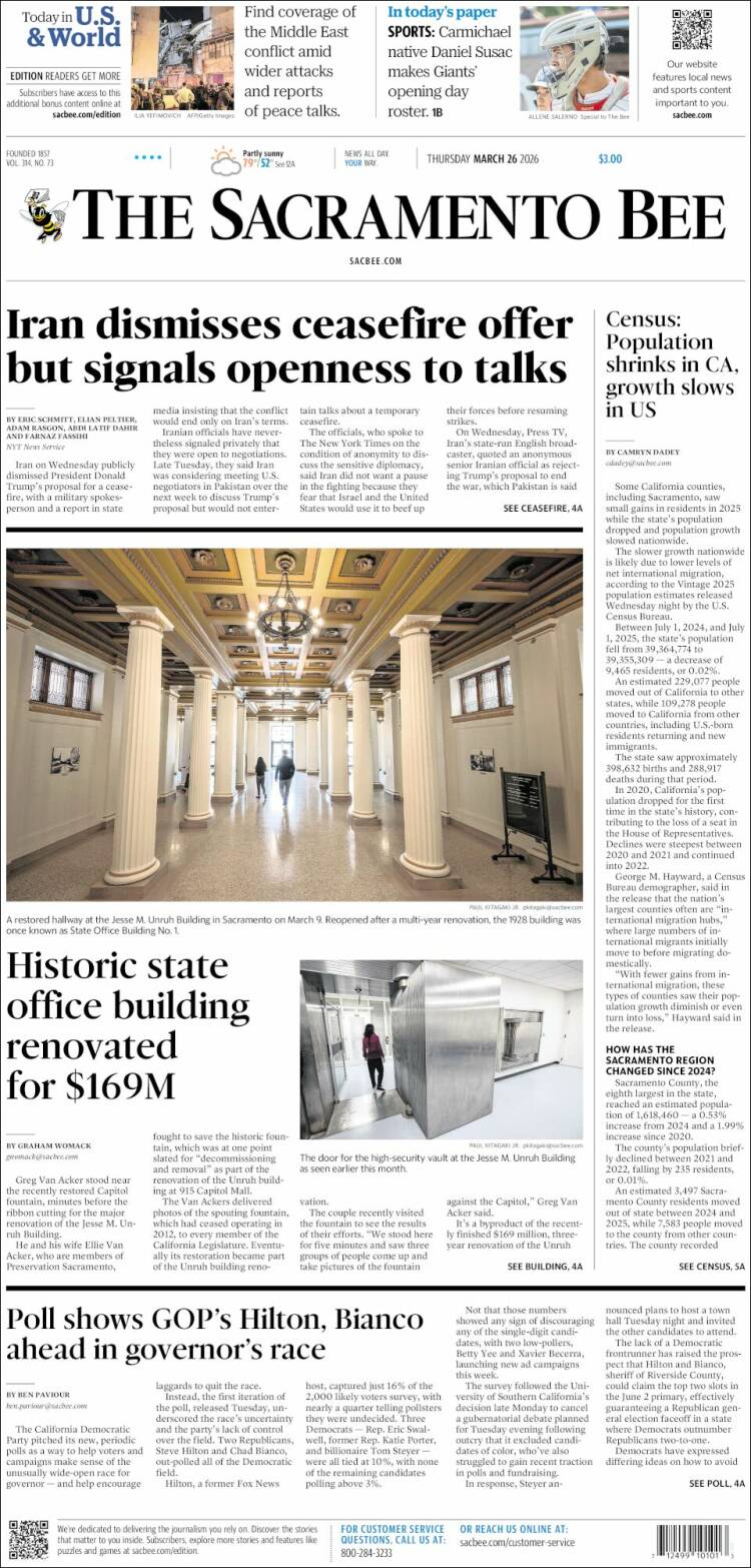 Portada de The Sacramento Bee (USA)