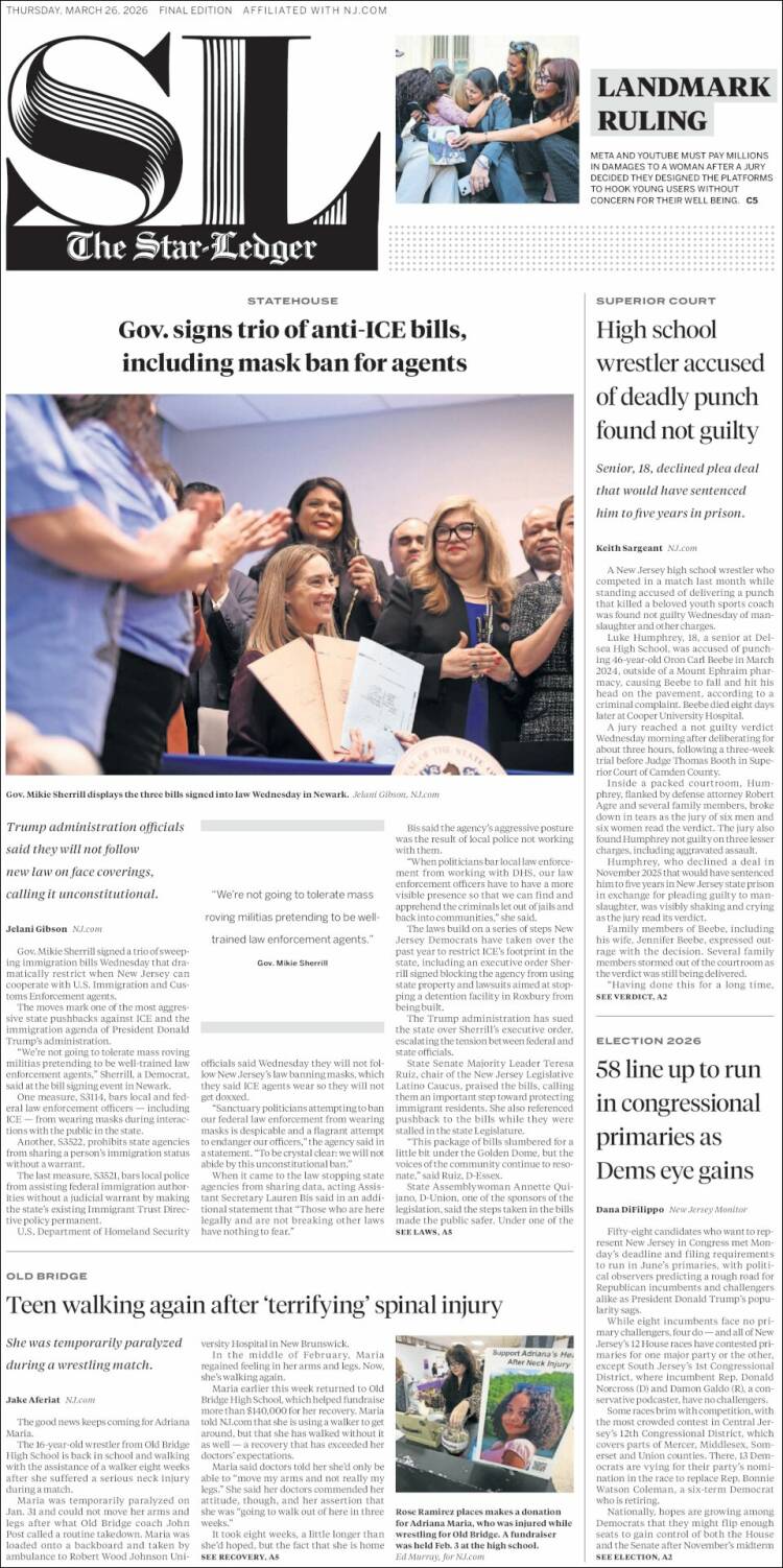 Portada de Star-Ledger (USA)