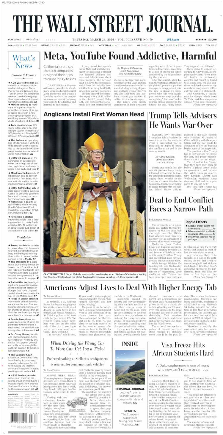 Portada de Wall Street Journal (USA)