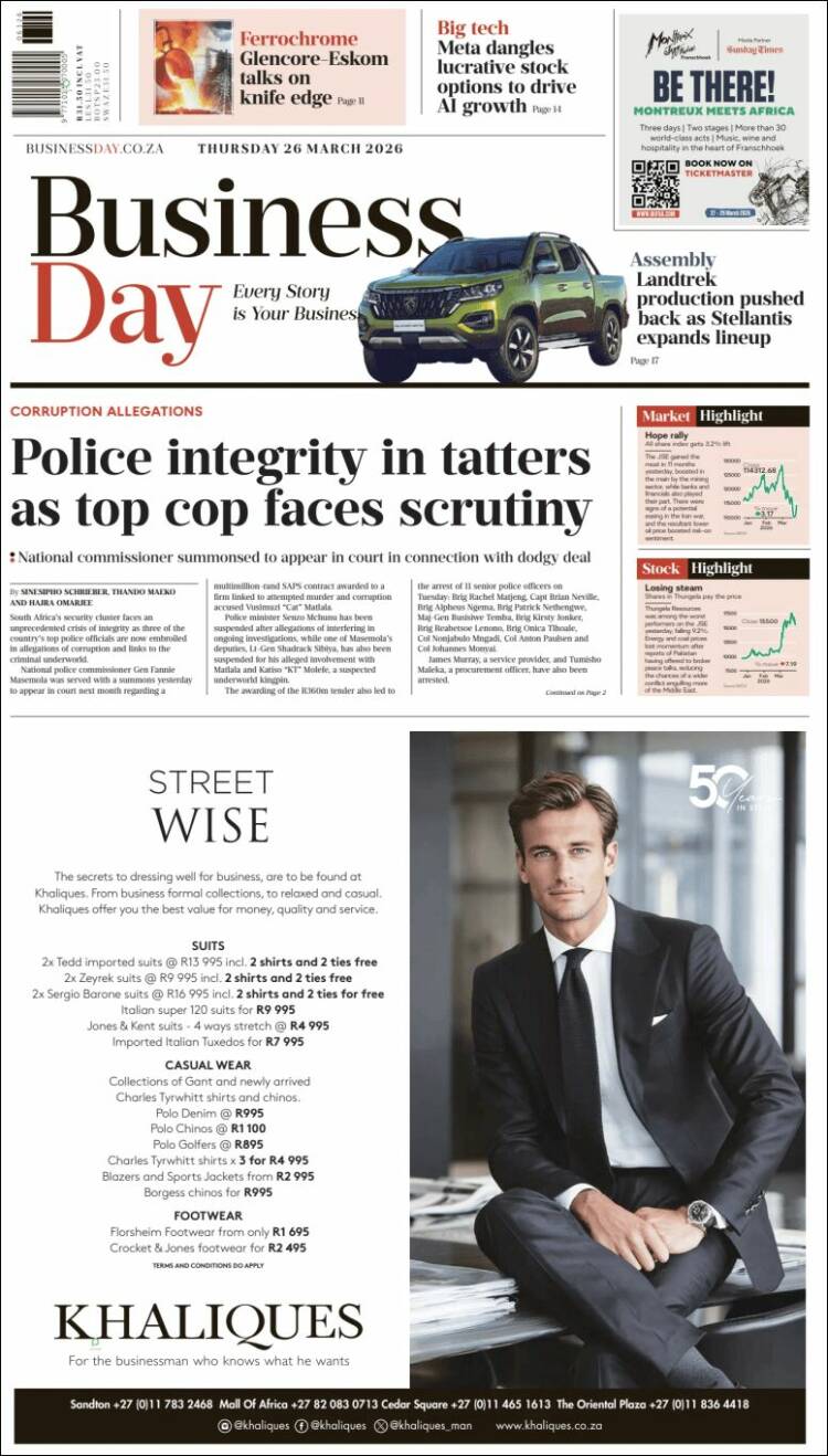 Portada de Business Day (Sud&aacute;frica)