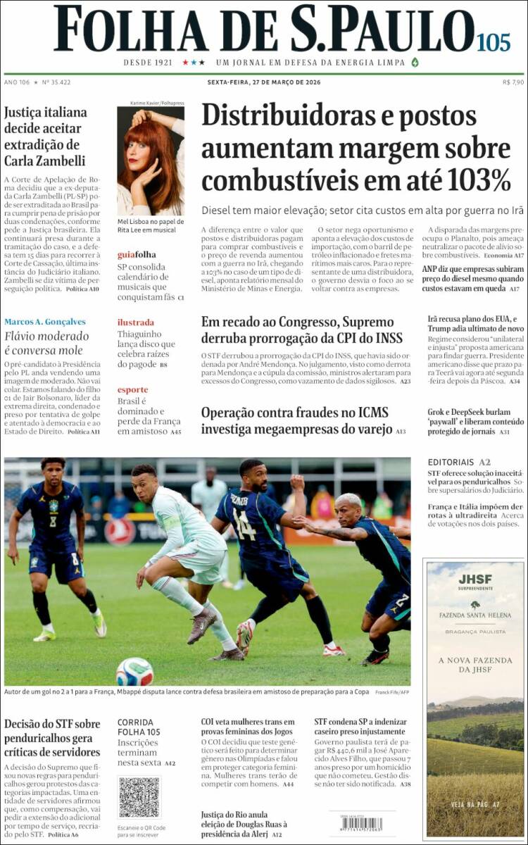 Portada de Folha de São Paulo (Brasil)